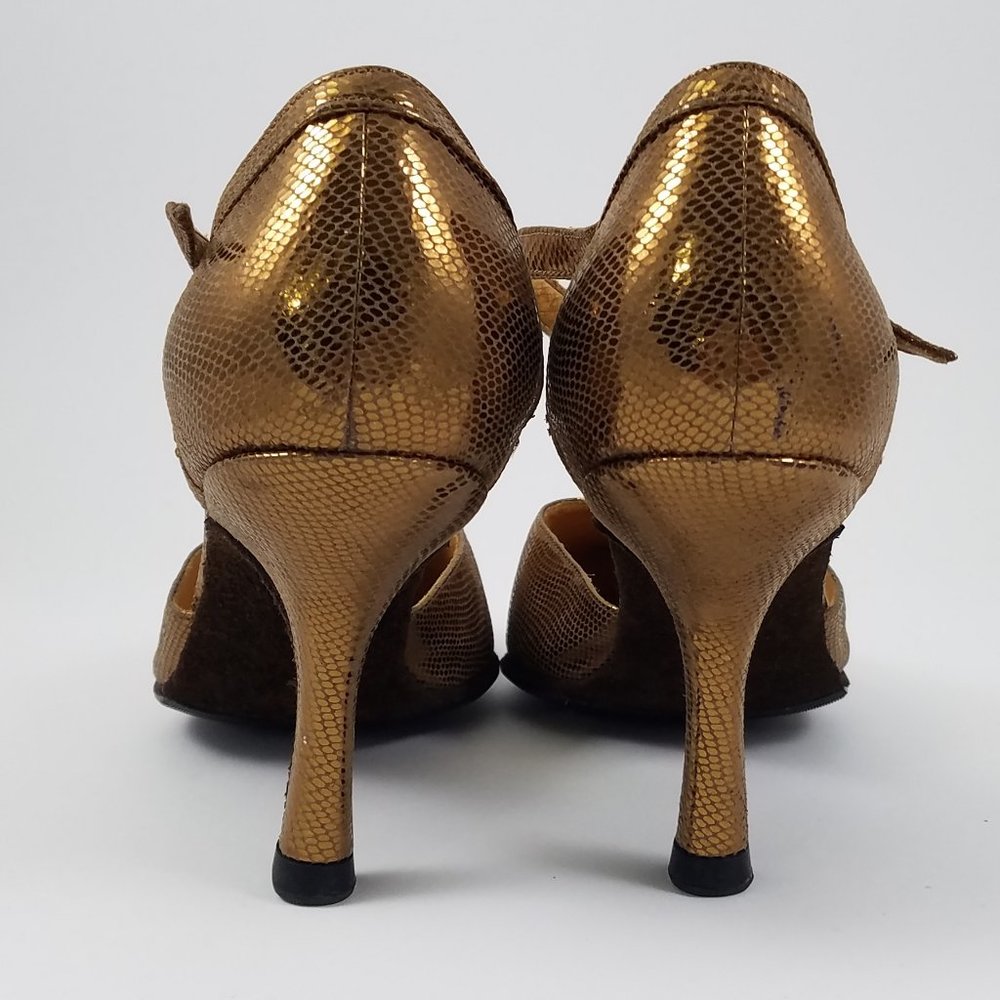 Arika Nerguiz 7.5/8 ankle strap gold leather dance /character shoes rubber soles - Picture 3 of 14